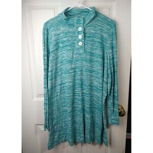 Woman Within 18/20 Knit Blouse Aqua White Heather Tunic 1/4 Button Casual LS